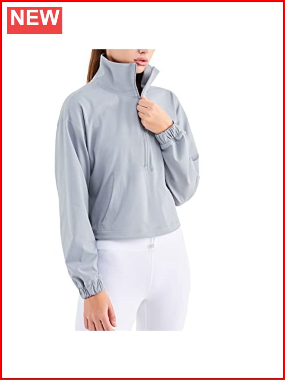 Half Zip Cropped Athletic Jacket Kangaroo Pocket Moisture Wicking